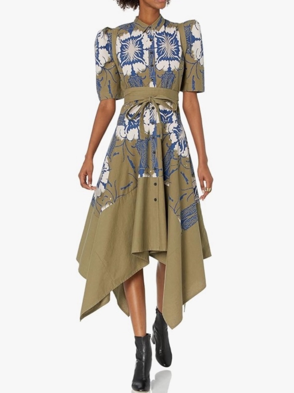 Olive & Blue Floral Handkerchief Midi Dress with Waist Tie